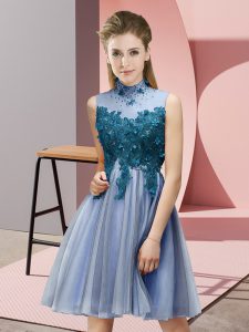 Nice Blue Empire High-neck Sleeveless Tulle Knee Length Lace Up Appliques Bridesmaid Dress