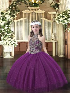 Halter Top Sleeveless Kids Formal Wear Floor Length Beading Dark Purple Tulle