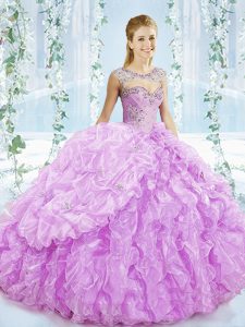 Noble Organza Sweetheart Sleeveless Brush Train Lace Up Beading and Ruffles Sweet 16 Dress in Lilac