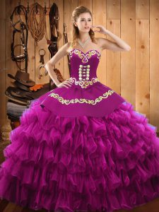Top Selling Fuchsia Sleeveless Embroidery and Ruffled Layers Floor Length 15th Birthday Dress