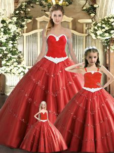 Red Ball Gowns Tulle Sweetheart Sleeveless Beading Floor Length Lace Up Quince Ball Gowns