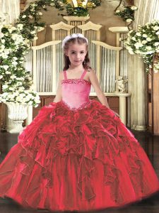 Ball Gowns Little Girls Pageant Dress Wholesale Red Straps Organza Sleeveless Floor Length Lace Up