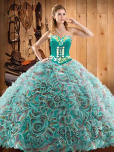 Fashion Multi-color Ball Gowns Sweetheart Sleeveless Satin and Fabric With Rolling Flowers With Train Sweep Train Lace U
