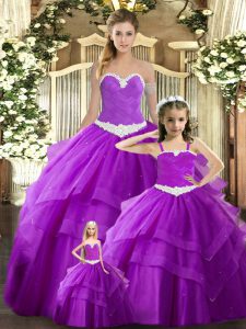 On Sale Purple Ball Gowns Ruching Sweet 16 Dress Lace Up Tulle Sleeveless Floor Length