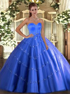 Flirting Blue Sleeveless Floor Length Beading and Appliques Lace Up Sweet 16 Quinceanera Dress