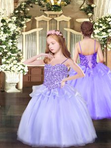 Low Price Lavender Kids Formal Wear Party and Quinceanera with Appliques Spaghetti Straps Sleeveless Lace Up
