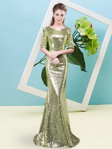 Yellow Green Sequined Zipper Scoop Half Sleeves Floor Length Prom Dresses Sequins