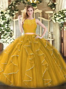 Beautiful Sleeveless Organza Floor Length Zipper 15 Quinceanera Dress in Gold with Lace and Ruffles