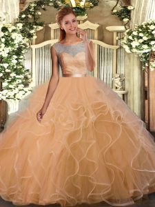 Peach Scoop Backless Lace and Ruffles Ball Gown Prom Dress Sleeveless