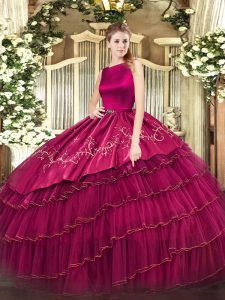 Fuchsia Organza Clasp Handle Scoop Sleeveless Floor Length Quinceanera Dresses Embroidery and Ruffled Layers