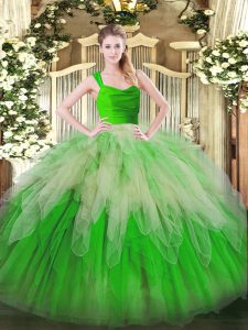 Custom Designed Organza Sleeveless Floor Length Quinceanera Gowns and Lace and Ruffles