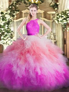 Customized Scoop Sleeveless Organza Quinceanera Gowns Lace and Ruffles Zipper