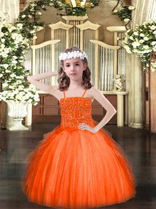 Excellent Orange Red Spaghetti Straps Lace Up Beading and Ruffles Kids Formal Wear Sleeveless