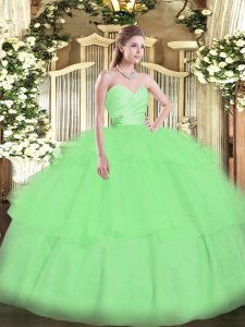 Discount Apple Green Organza Lace Up Sweetheart Sleeveless Floor Length Sweet 16 Dresses Beading and Ruffled Layers