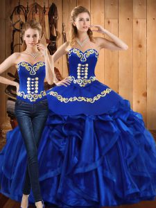 Royal Blue Two Pieces Organza Sweetheart Sleeveless Embroidery and Ruffles Floor Length Lace Up Quinceanera Dresses