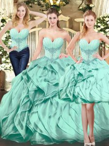 Sexy Apple Green Ball Gowns Beading and Ruffles 15 Quinceanera Dress Lace Up Organza Sleeveless Floor Length