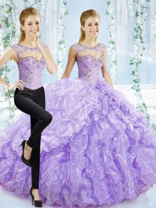 Sleeveless Beading and Pick Ups Lace Up Sweet 16 Quinceanera Dress with Lavender Brush Train
