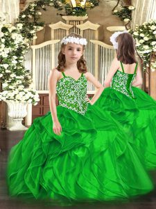 High End Green Ball Gowns Straps Sleeveless Organza Floor Length Lace Up Beading and Ruffles Little Girl Pageant Dress