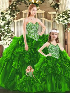 Sweetheart Sleeveless 15th Birthday Dress Floor Length Beading and Ruffles Green Organza