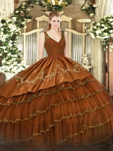 Rust Red Quinceanera Gowns Military Ball and Sweet 16 and Quinceanera with Beading and Lace and Embroidery and Ruffled L