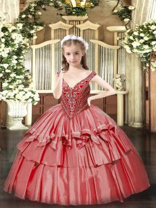 Coral Red Lace Up Little Girls Pageant Gowns Beading and Ruffled Layers Sleeveless Floor Length