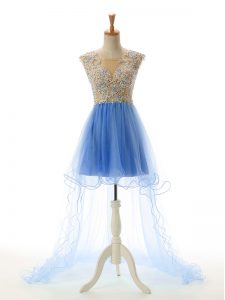 Pretty Baby Blue A-line Scoop Sleeveless Tulle High Low Backless Appliques Prom Dresses