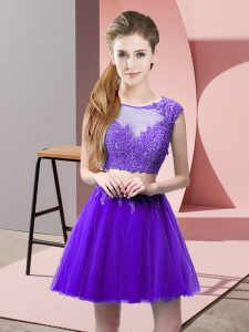 Two Pieces Prom Evening Gown Purple Scoop Tulle Sleeveless Mini Length Zipper