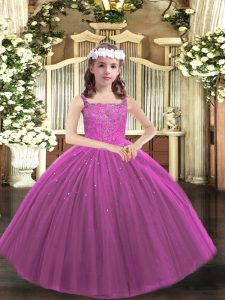 Straps Sleeveless Little Girl Pageant Dress Floor Length Beading Purple Tulle