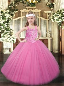 Inexpensive Sleeveless Floor Length Beading Lace Up Pageant Gowns For Girls with Rose Pink