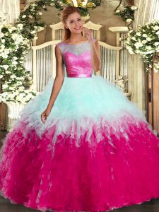 Exceptional Scoop Sleeveless Quinceanera Gowns Floor Length Ruffles Multi-color Organza
