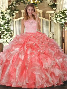 Coral Red Ball Gowns Lace and Ruffles Sweet 16 Dresses Clasp Handle Organza Sleeveless Floor Length