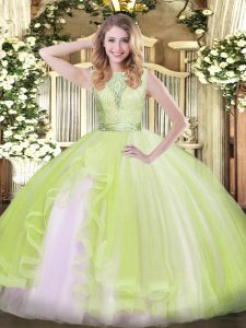 Lovely Yellow Green Backless Scoop Lace and Ruffles Sweet 16 Dresses Organza Sleeveless
