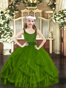 Floor Length Olive Green Child Pageant Dress Scoop Sleeveless Zipper
