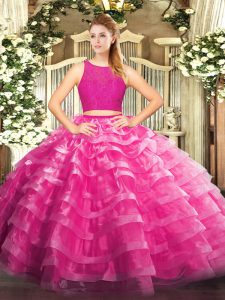 Excellent Sleeveless Floor Length Lace and Ruffled Layers Zipper Sweet 16 Dresses with Fuchsia