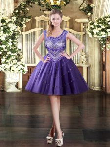 Purple Zipper Scoop Beading Dress for Prom Tulle Sleeveless