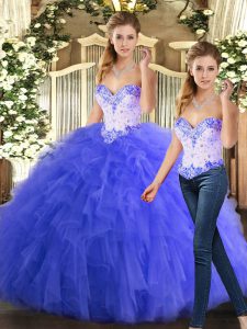 Nice Organza Sweetheart Sleeveless Lace Up Beading and Ruffles Sweet 16 Quinceanera Dress in Blue