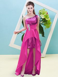 Attractive Fuchsia A-line One Shoulder Sleeveless Elastic Woven Satin and Sequined High Low Lace Up Beading and Sequins 