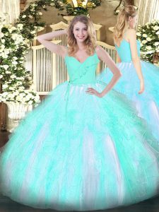 Best Selling Aqua Blue Sleeveless Ruffles Floor Length 15th Birthday Dress