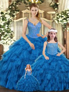 Fashionable Floor Length Teal Quince Ball Gowns Organza Sleeveless Beading and Ruffles