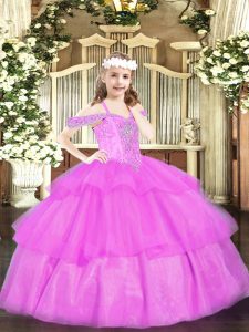 Best Lilac Sleeveless Floor Length Beading and Ruffled Layers Lace Up Little Girl Pageant Gowns