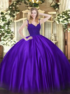 Purple V-neck Neckline Beading Quince Ball Gowns Sleeveless Zipper