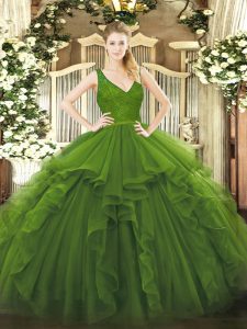 Sophisticated Olive Green Sleeveless Ruffles Floor Length Ball Gown Prom Dress