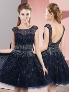 Great Tea Length Navy Blue Prom Gown Tulle Sleeveless Beading