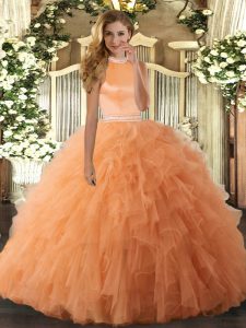 Edgy Halter Top Sleeveless Backless 15th Birthday Dress Orange Organza
