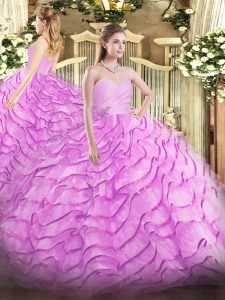 Fantastic Sweetheart Sleeveless Brush Train Lace Up Vestidos de Quinceanera Lilac Organza