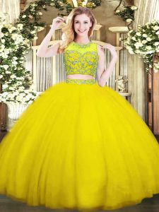 Sophisticated Sleeveless Tulle Floor Length Zipper Quince Ball Gowns in Gold with Beading