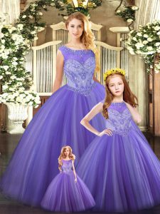 Lavender Tulle Lace Up Quinceanera Dresses Sleeveless Floor Length Beading