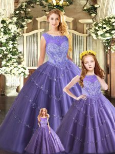 Noble Lavender Ball Gowns Tulle Scoop Sleeveless Beading Floor Length Lace Up 15 Quinceanera Dress