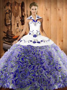 Smart Multi-color Ball Gowns Halter Top Sleeveless Fabric With Rolling Flowers Sweep Train Lace Up Embroidery Ball Gown 