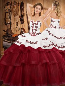 Strapless Sleeveless Quinceanera Dresses Sweep Train Embroidery and Ruffled Layers Wine Red Tulle
